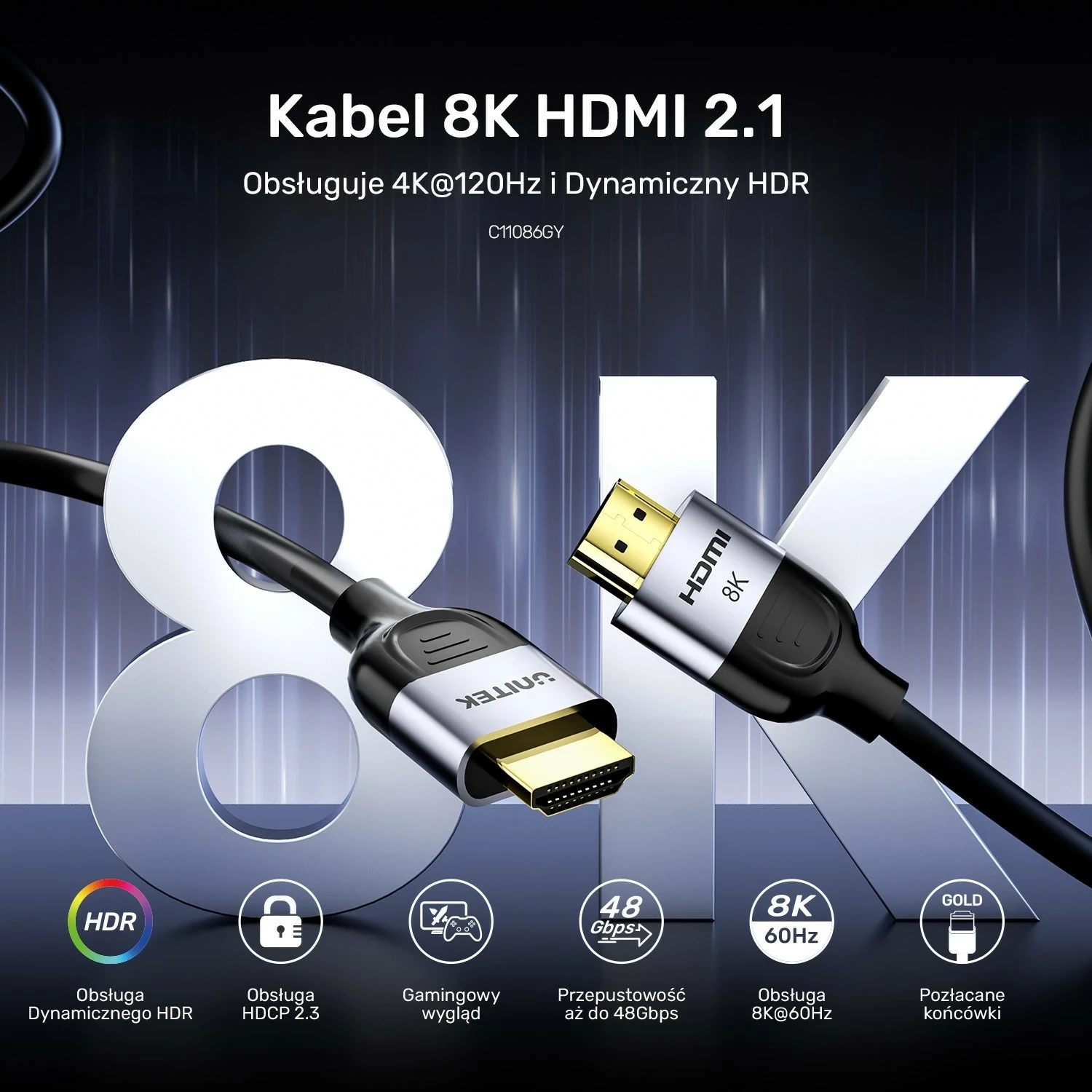 HDMI kabel 2.1, 8K 60Hz, 1,5 m, črno-srebrn — Unitek
