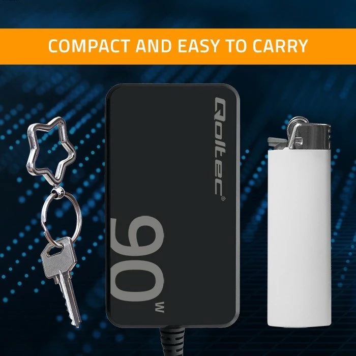 Stenski hitri polnilec 90W GaN, USB-C 3.1, s kablom, črn, Qoltec 52422