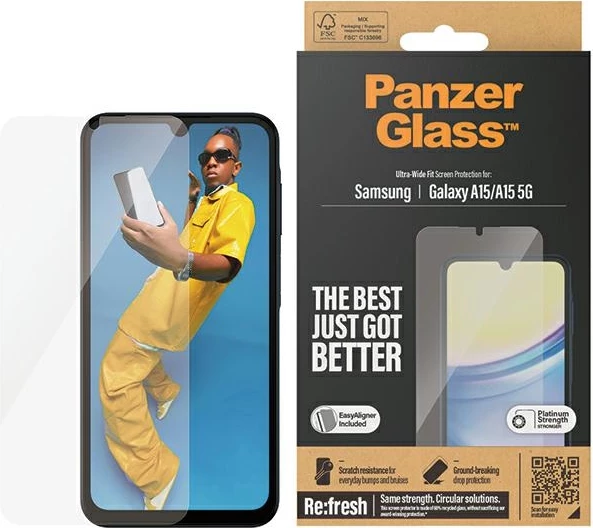 Zaščita zaslona PanzerGlass Ultra-Wide Fit za Samsung Galaxy A15/A15 5G, kaljeno steklo