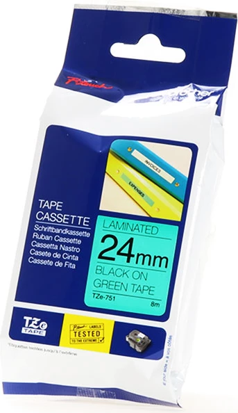 Etiketni trak Brother TZe-751, 24 mm, laminiran, 8 m, črno na zelenem
