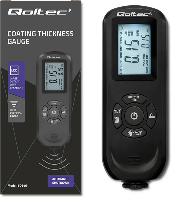 Merilec debeline barve Qoltec 50646, osvetljen LCD, 0–2000 μm, črn