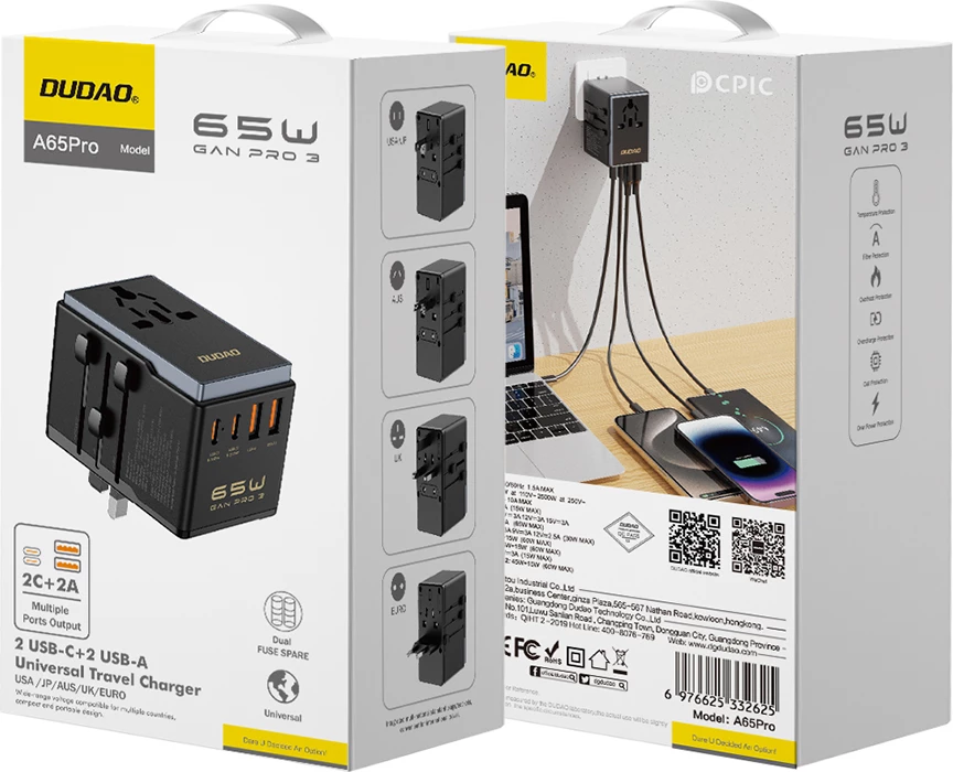 Potovalni adapter Dudao A65Pro, 65 W, 2x USB-C, 2x USB-A, črn