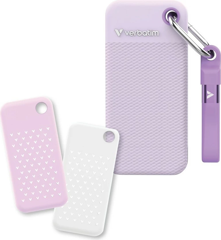 Zunanji SSD 1TB M.2, USB‑C 3.2 Gen 2 do 1000 MB/s — Verbatim Pocket SSD Summer Edition 32322, bel/vijoličen, komplet z 2 gumijastima pokrovčkoma