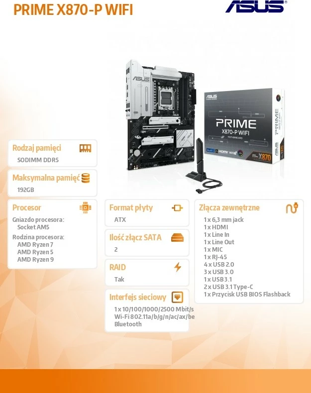 Matična plošča PRIME X870-P Wi‑Fi Asus, podnožje AM5, DDR5, ATX, črna