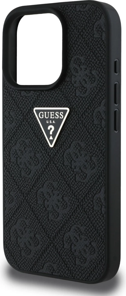Ovitek Hot Stamp 4G z vzorcem trikotnika in metalnim logotipom Guess za iPhone 16 Pro, črn