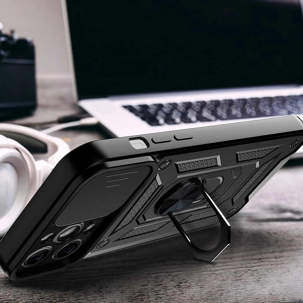 Zaščitni ovitek z drsnim pokrovom kamere in obročem Hurtel Hybrid Armor Camshield za Motorola Moto G62 5G, črn