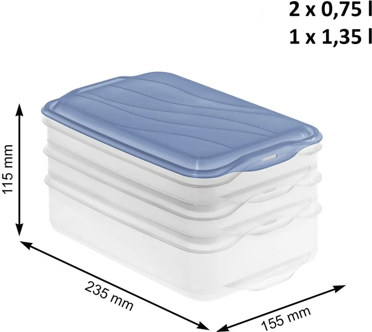 Set posod za hrano Rondo, Rotho, 2 x 0,75 l, 1 x 1,35 l, modra