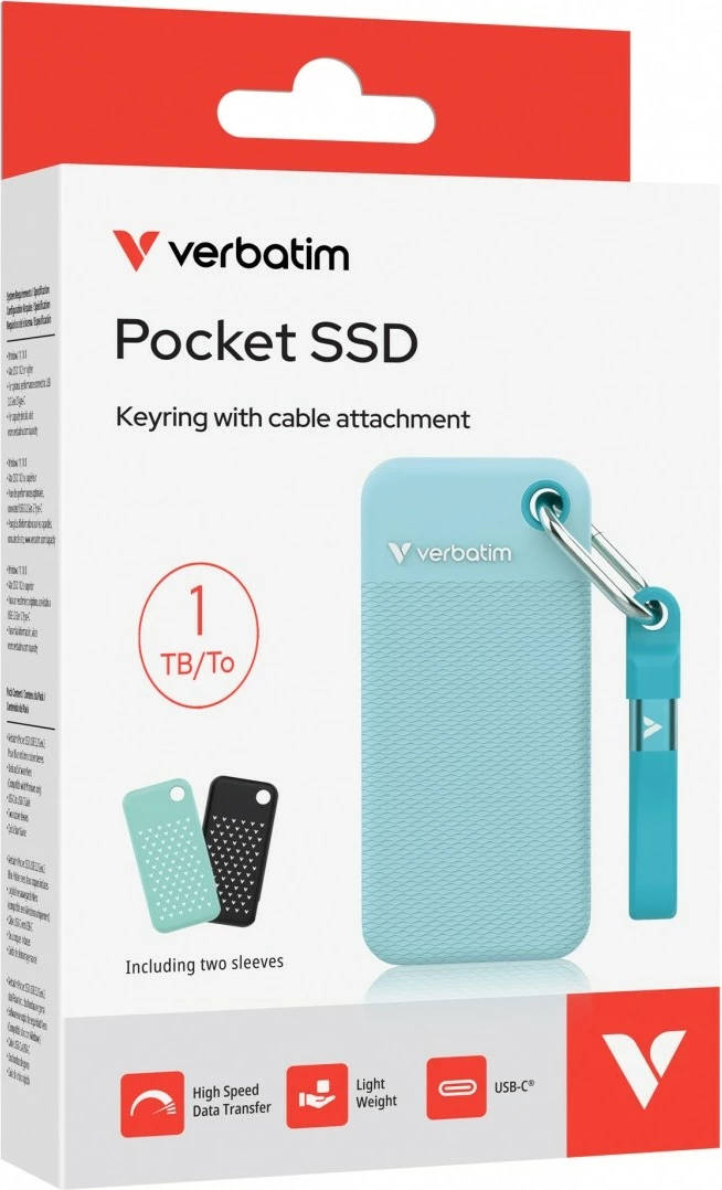 Zunanji SSD Verbatim Pocket SSD Summer Edition 32324, 1TB, M.2, USB‑C 3.2 Gen 2 do 1000 MB/s, moder, komplet s 2 gumijastima pokrovčkoma/kablom/priveskom/torbico