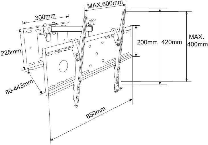 Stenski nosilec za TV TB TB-63P, za TV 32–70 in, 55 kg, VESA 600x400, črn