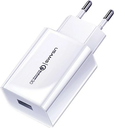 Stenski polnilec 18W QC 3.0, 1x USB, USAMS T22, bel