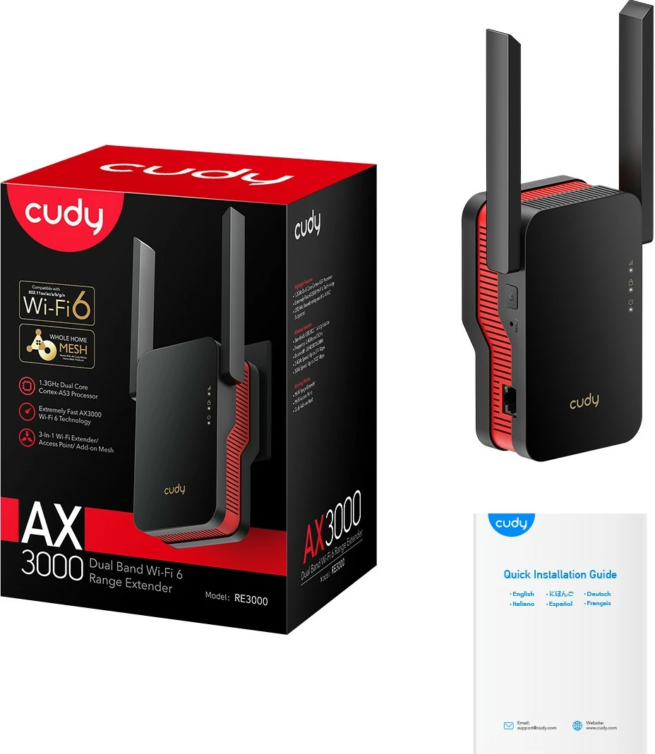 Zmogljiv repeater Cudy RE3000, 574,2402 Mbit/s, črn, rdeč