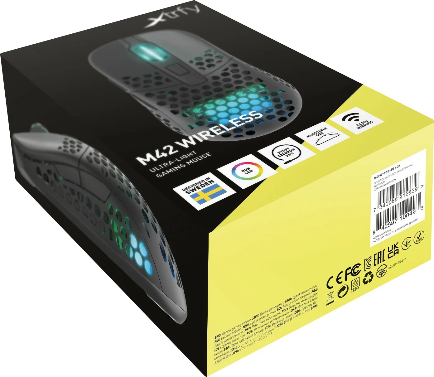 Ambidextrous igralniška miška Cherry XTRFY M42 RGB, optična, RF brezžična + USB Type-C, 19000 DPI, bela