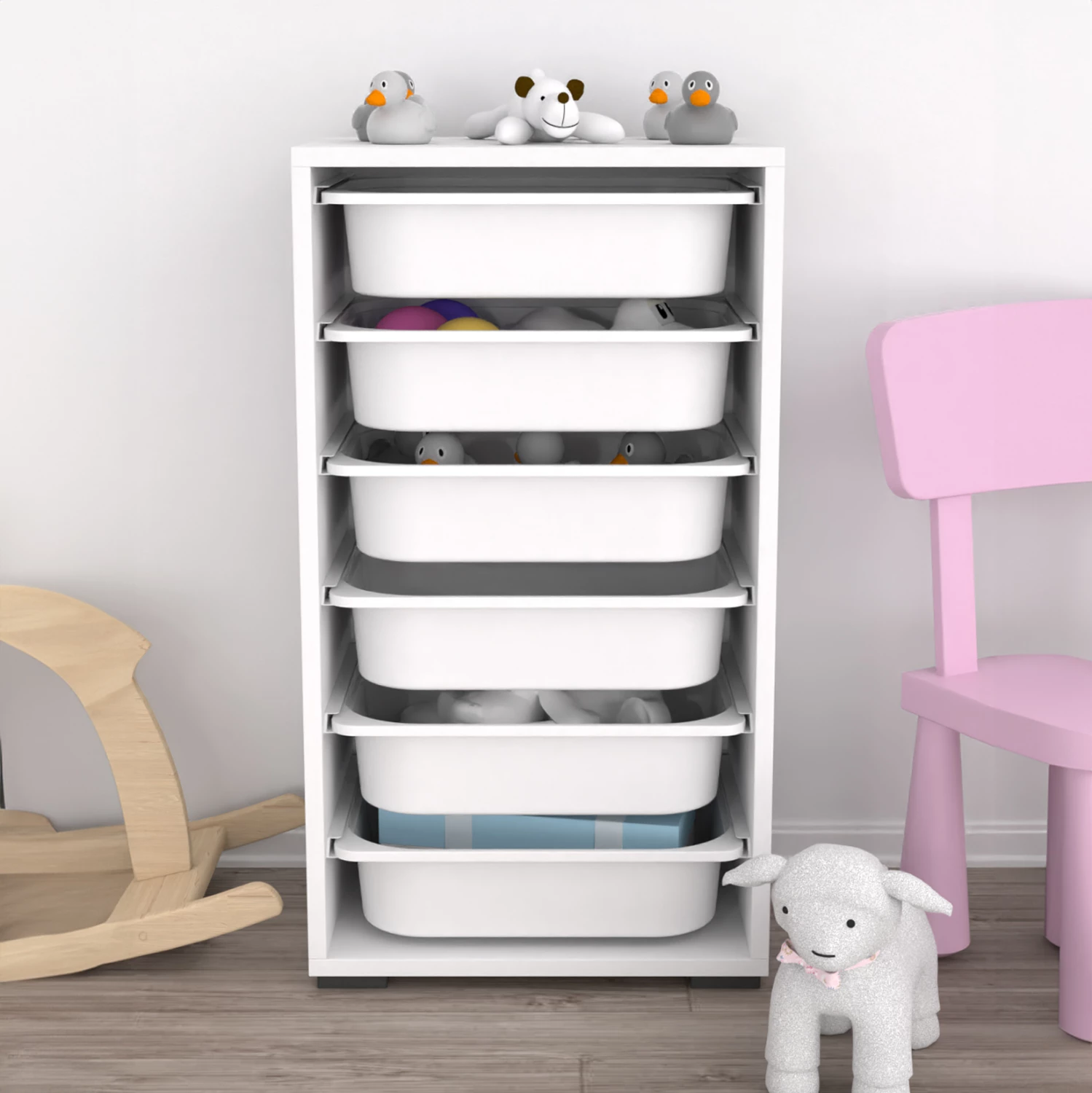 Komoda SANI FH18215.01 melamin v beli barvi - 6 belih P.E. predalov 45,5x30x83H cm