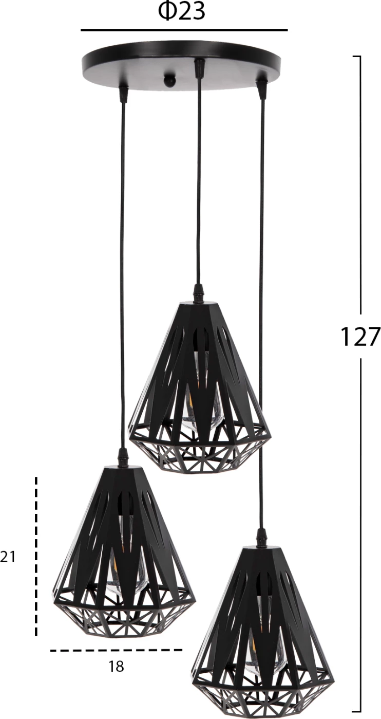 Stropna viseča svetilka FH4083 3 'lanterne' črna kovina Φ23x127Hcm