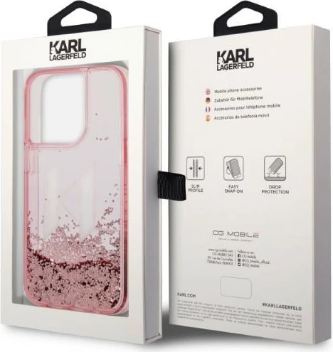 Zaščitni etui z bleščicami v tekočini, Karl Lagerfeld Liquid Glitter Big KL za iPhone 14 Pro 6.1", roza