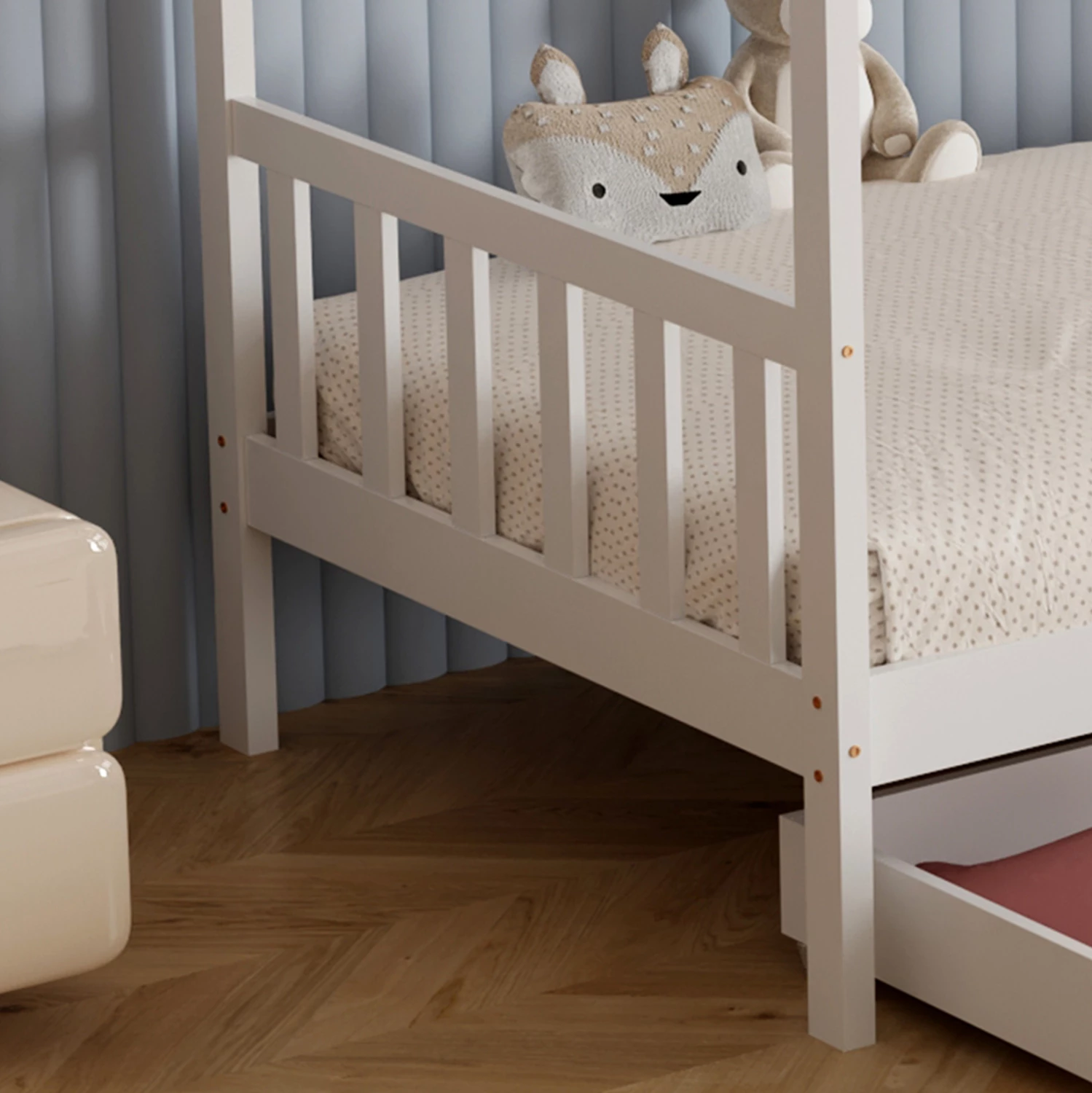 Postelja za otroke Klarice FH680.03 t.Montessori - 2 predala - masivni borov les v beli barvi - 190x90 cm