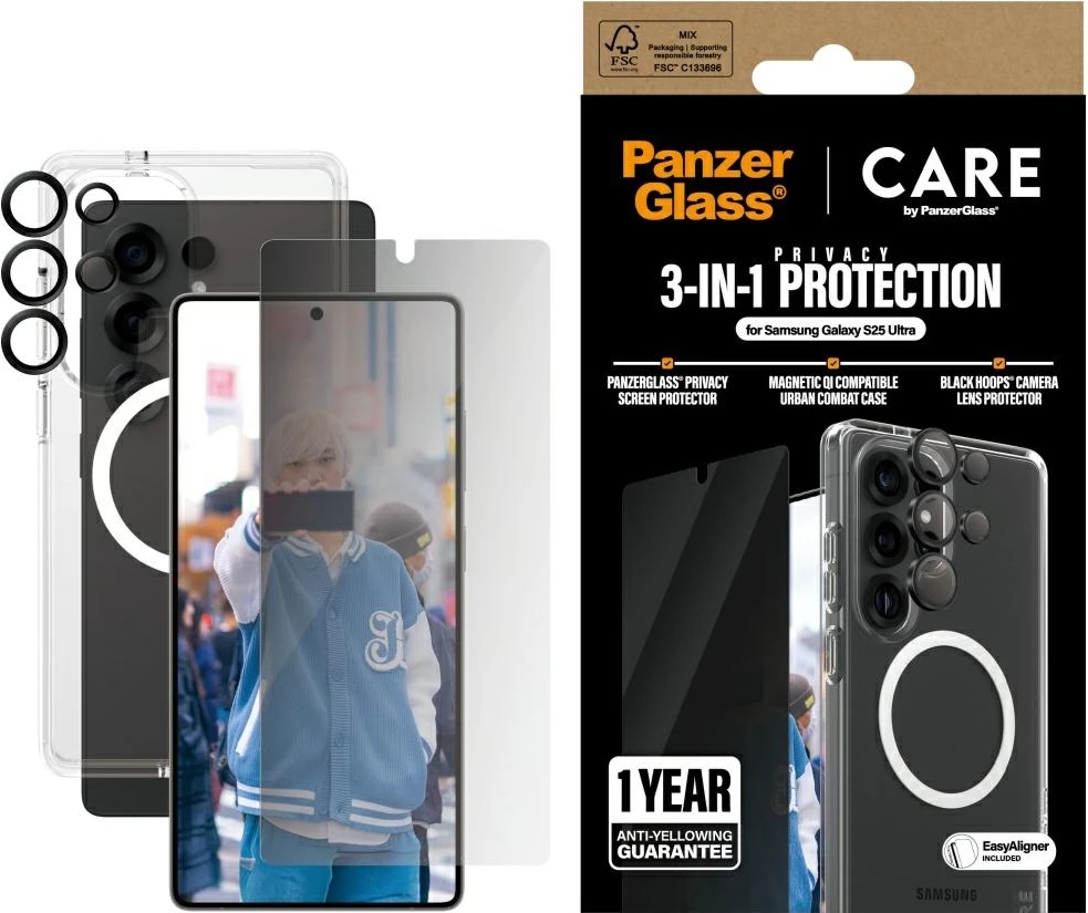 Ovitek za telefon PanzerGlass CARE Flagship 3in1, zaščitno steklo za zasebnost in zaščitno steklo za objektiv za Samsung Galaxy S25 Ultra