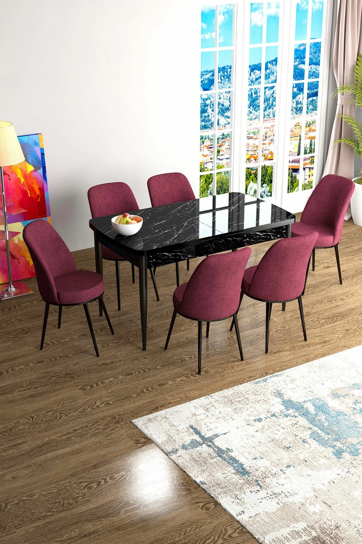 Raztegljiva jedilna miza s stoli, 7-delni, Skye Decor, črn marmor, burgundija