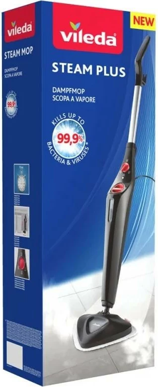 Parni mop za tla, z 2 mikrofibrskima prevlekama in dodatkom za preproge Vileda Steam Plus, črn