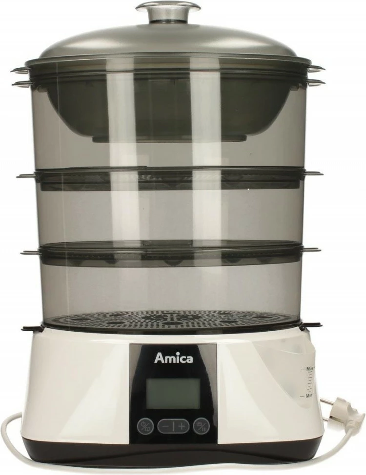 Parnik za zdravo kuhanje Amica PT3011 Lunaris, 3,3 L, 3 posode, bel/črn