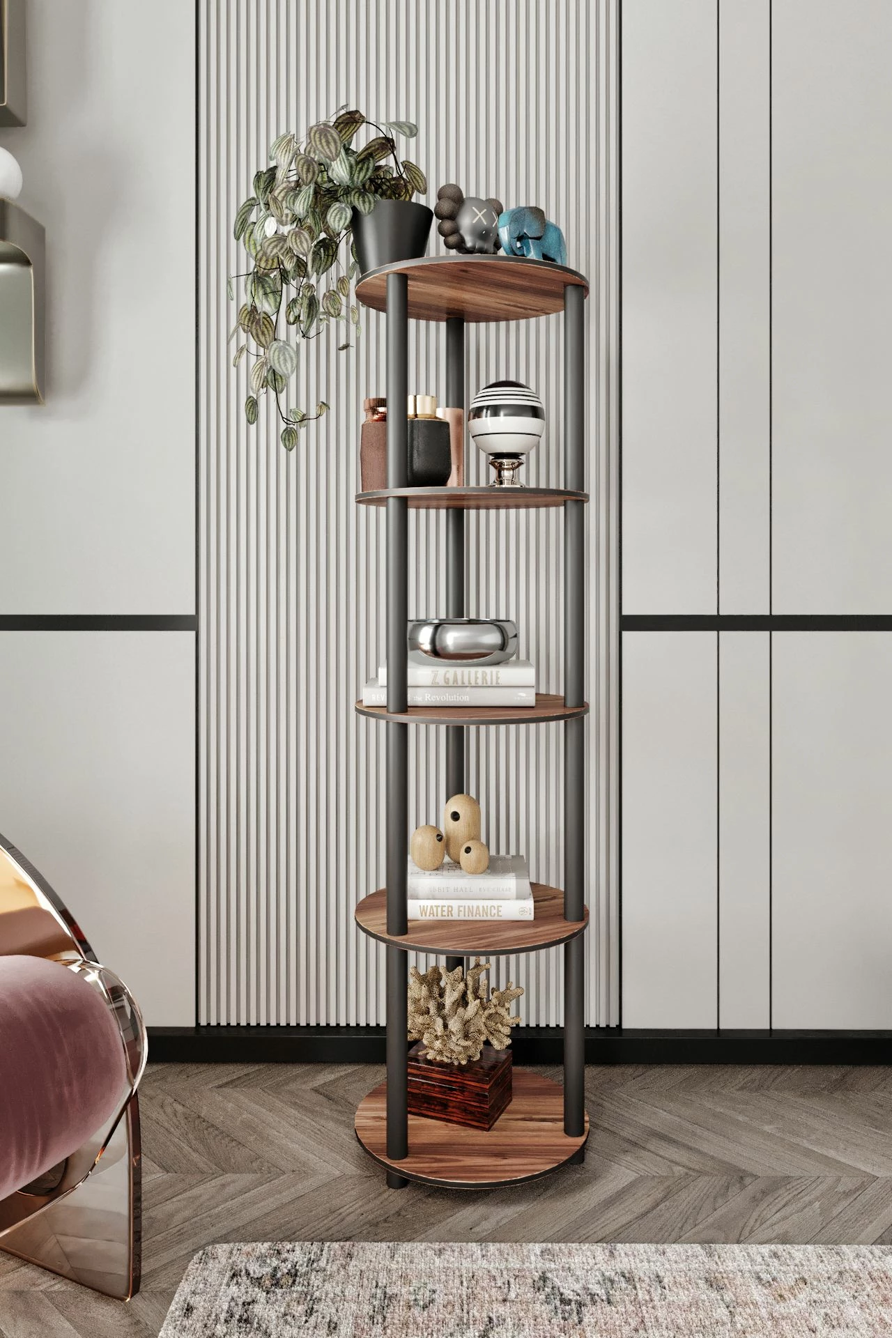 Polica za knjige, 5-nivojska okrogla, barva oreha, Skye Decor