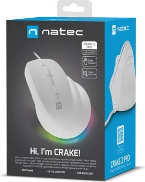 Vertikalni miš Natec Crake 2 Pro, 12800 DPI, 6 gumbov, bel