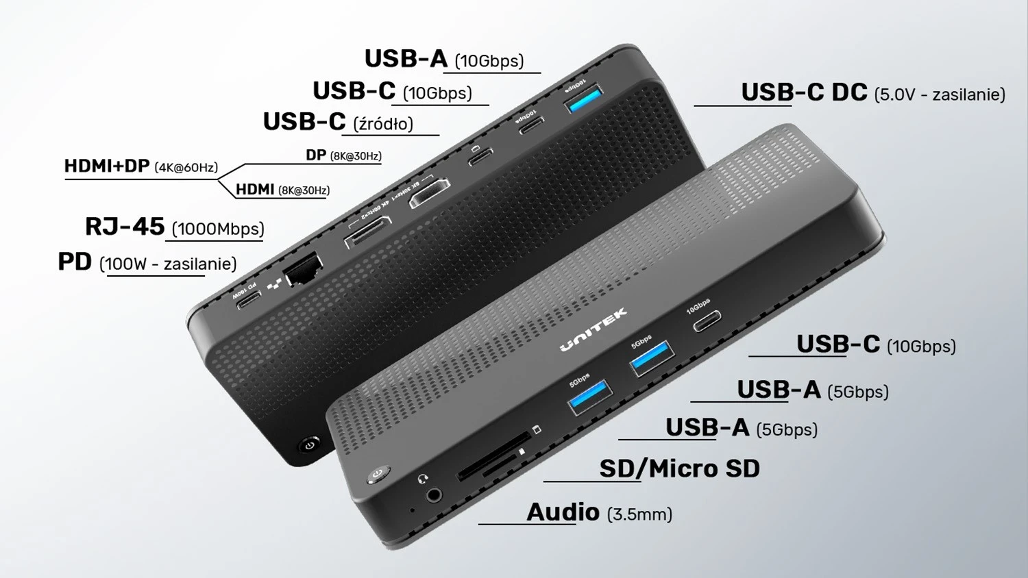 Multifunkcijski dok Unitek 12 v 1, HDMI 8K, USB 4, 100 W, črn
