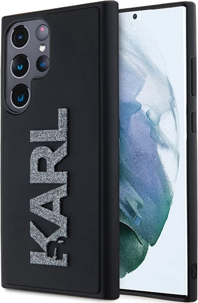 Ovitek za telefon z 3D gumijastim bleščečim logotipom Karl Lagerfeld za Samsung Galaxy S23 Ultra, črn