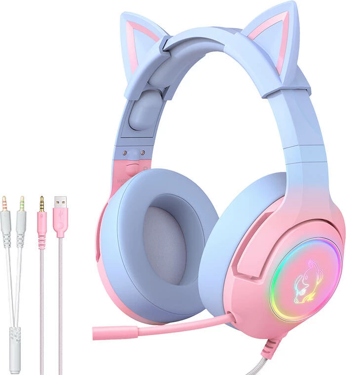 Gaming slušalke ONIKUMA K9 z mikrofonom, roza-modre, z mačjimi ušesi, RGB