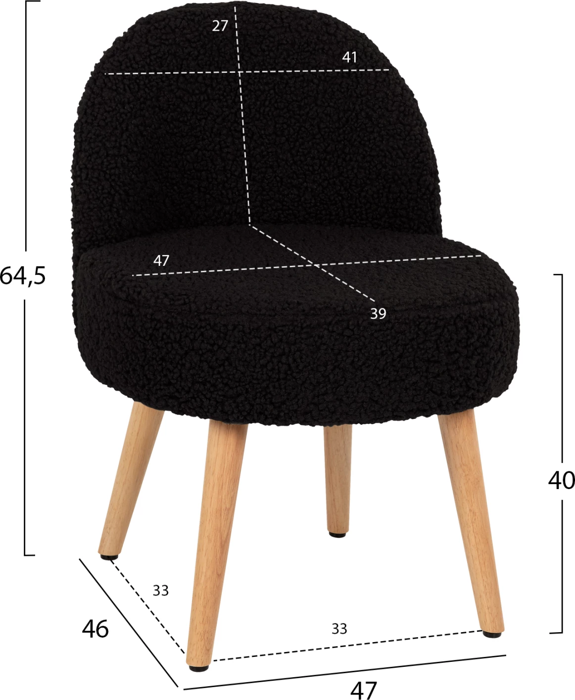 Stolček YASMINE FH8395.24 z nizkim naslonom - Boucle tkanina v črni barvi - Lesene noge 47x46x64,5Hcm