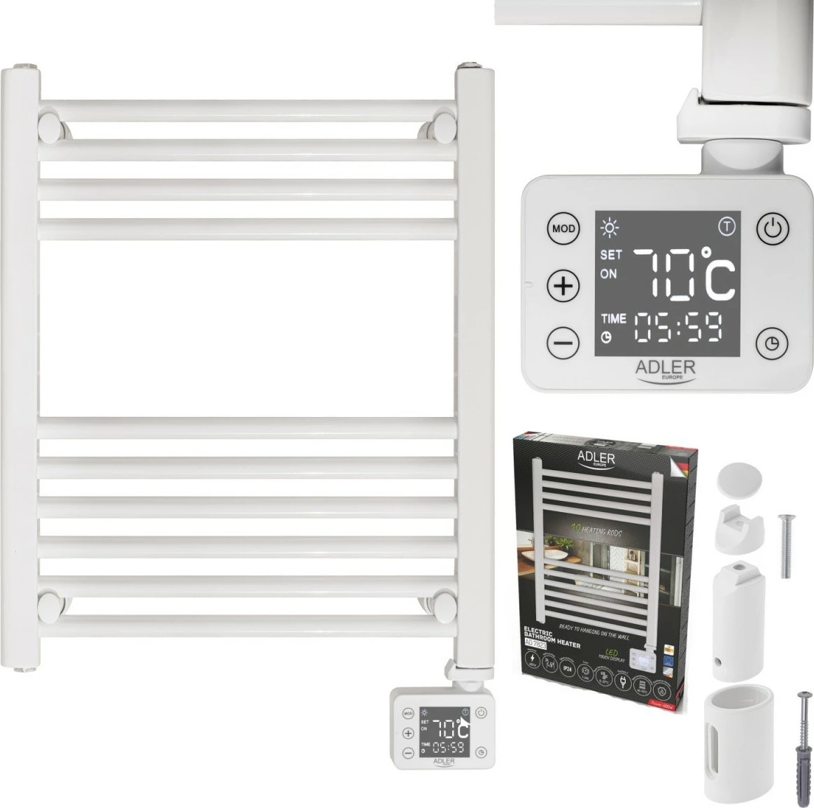 Električni grelec za kopalnico Adler AD 7823, 400 W, LED zaslon na dotik, časovnik 24 h, IP24, bel