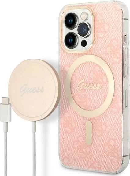 Komplet trd ovitek in brezžični polnilec za iPhone 13 Pro, Guess GUBPP13LH4EACSP, rožnat