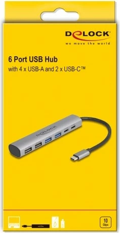 6-portni USB razdelilec, aluminij, USB 3.2 Gen 1, Type-A + Type-C, siv DeLOCK