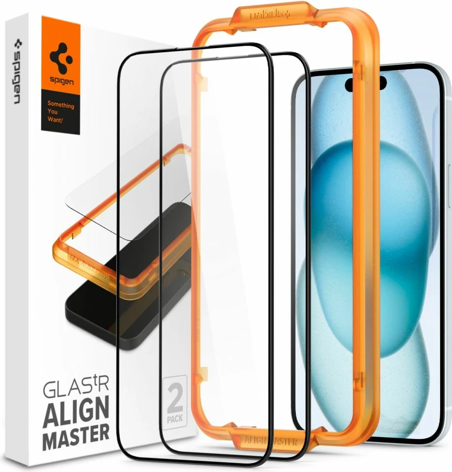 Zaščitno steklo za iPhone 15 AlignMaster tR Spigen, 2 kosa, črno