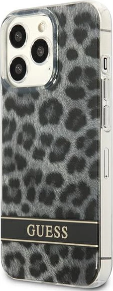 Ovitek z leopard vzorcem za iPhone 13/13 Pro 6,1", trdo ohišje, siva - Guess GUHCP13LHSLEOK