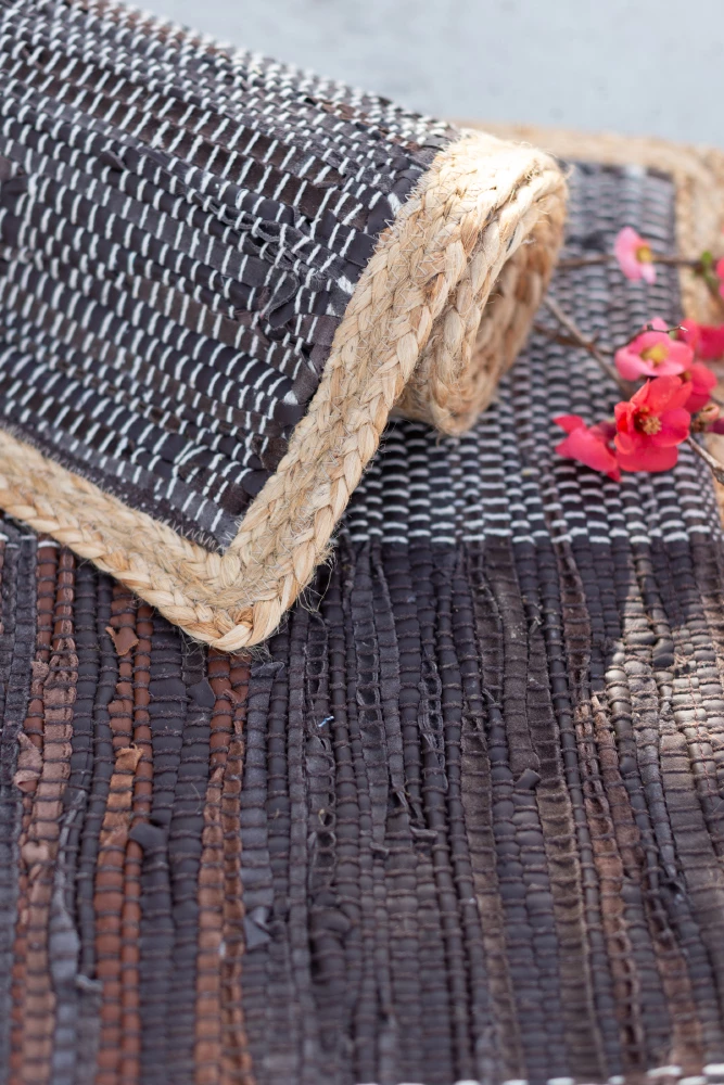 Preproga, temna, usnje in juta, 60x90 cm, črno-bež, Drugo