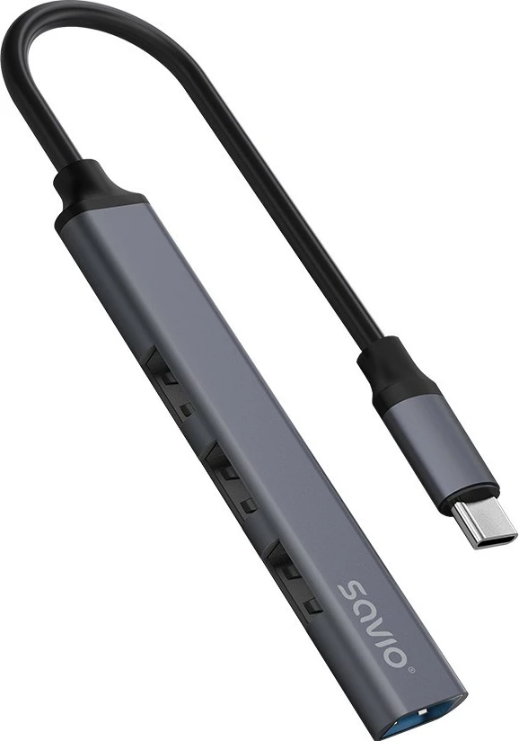 USB-C razdelilec Savio AK-71, 4 vrata (3x USB-A 2.0, 1x USB-A 3.1 Gen 1), siv