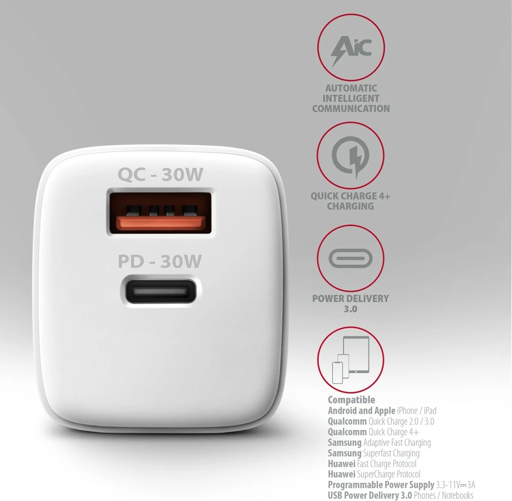 Stenski polnilec AXAGON ACU-PQ30W, 30W, 2 vrata USB-A in USB-C, bel