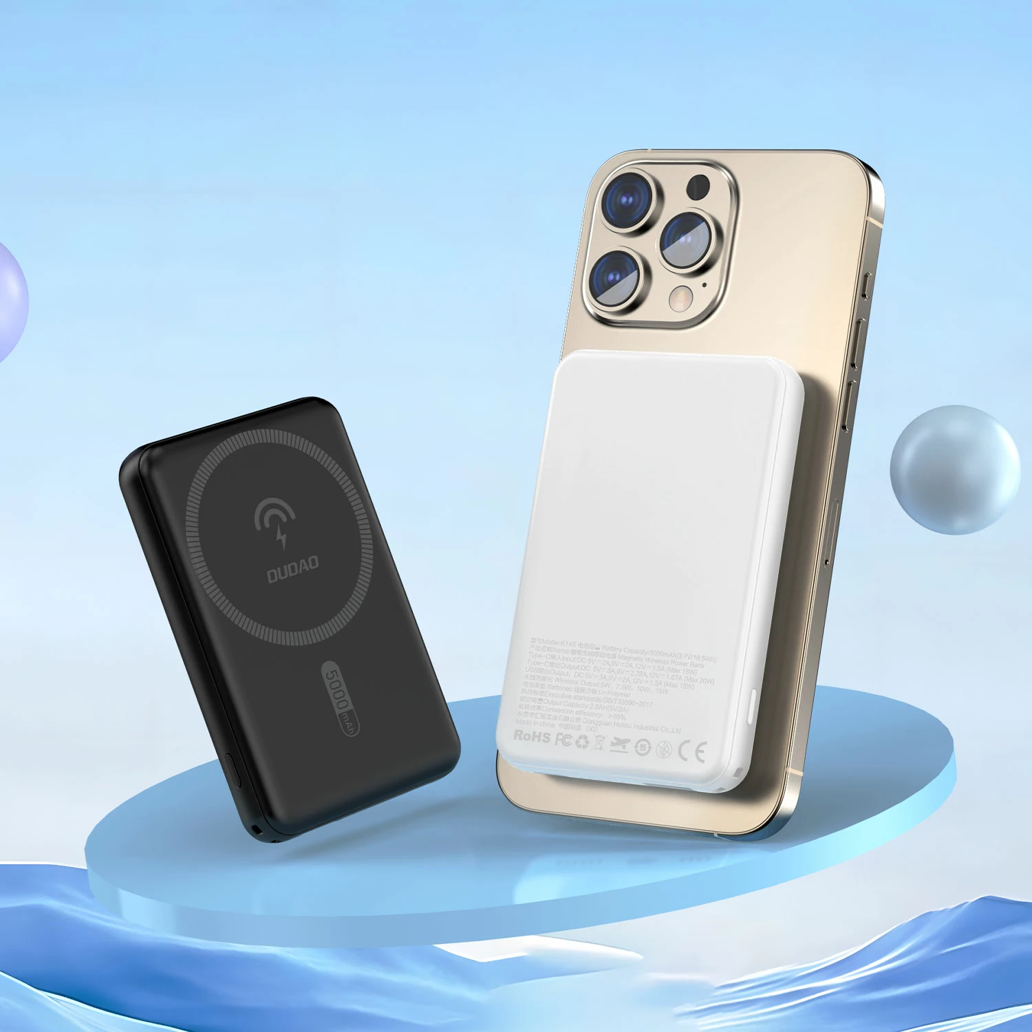 Zunanji akumulators 5000mAh Dudao K14S, MagSafe, USB-C/USB-A, črn