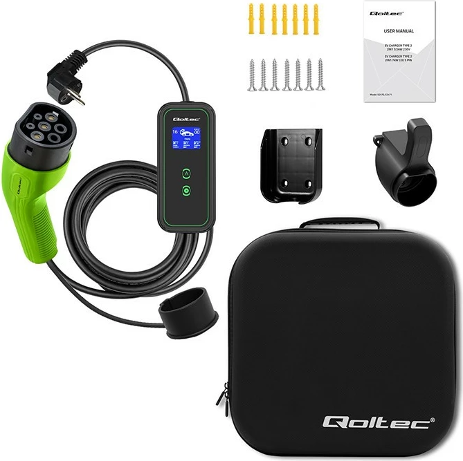 Prenosni polnilec za električne avtomobile Qoltec 52476, 3,5 kW, 230 V, Type 2, WiFi, LCD, 5 m, črno/zelena