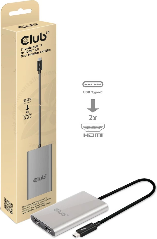 Adapter Thunderbolt 3 na 2x HDMI Club3D, 4K@60Hz, srebrn