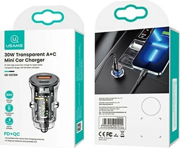 Avtomobilski polnilec USAMS US-CC164 C32, 30W, 1x USB-A, 1x USB-C, črn