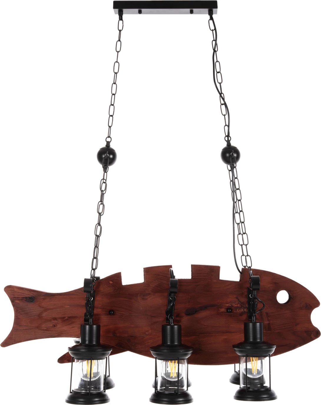 Stropna viseča svetilka s 6 lučmi FH4118 lesena riba-črna kovina-steklo 95x35x116H cm