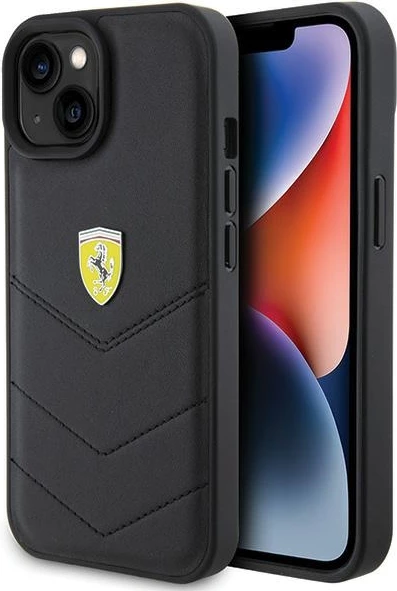Odebeljen ovitek z metalnim logotipom Ferrari za iPhone 15, eko usnje, črn