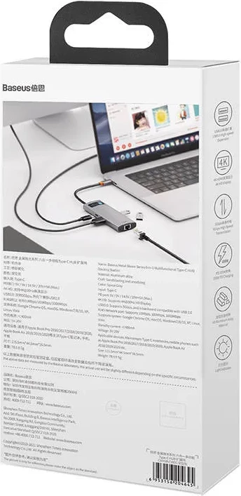 Večfunkcijski USB-C hub Baseus Metal Gleam Series CAHUB-CW0G, 6 v 1, 3x USB 3.0 + HDMI + USB-C PD + Ethernet RJ45, siv