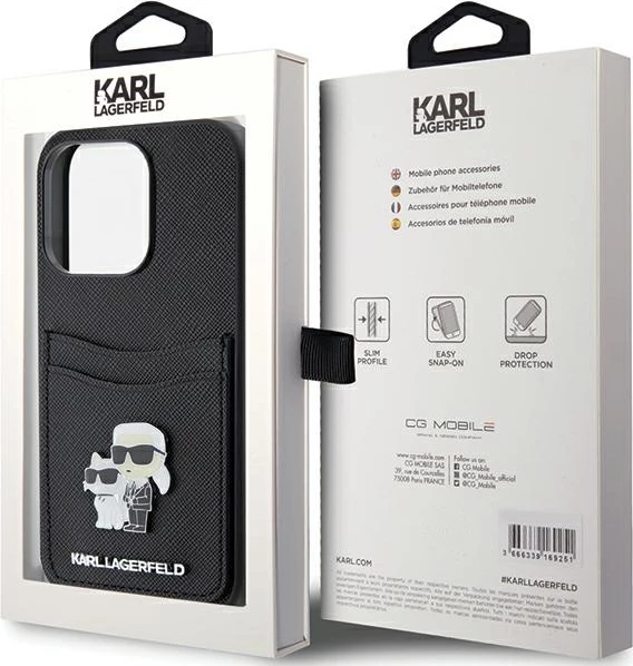 Ovitek z režo za kartice Karl Lagerfeld Saffiano, Karl&Choupette kovinska značka za iPhone 15 Pro, črn