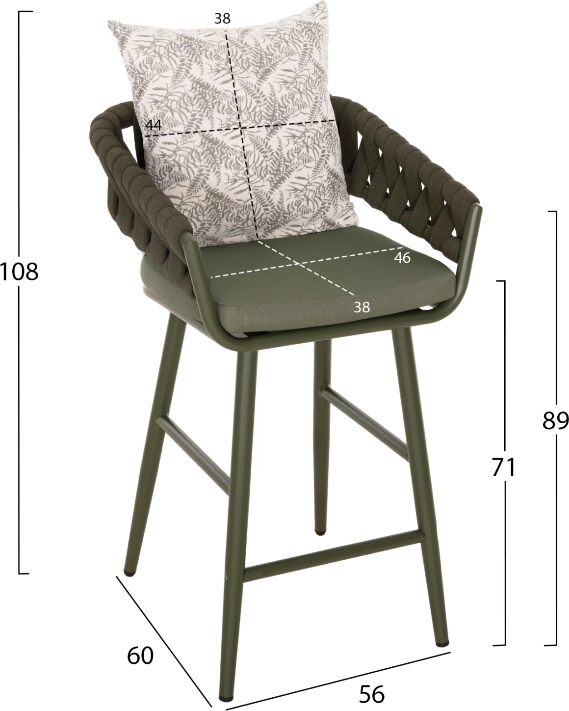 Barski stol aluminij CAMDEN FH6142.09 z naslonom in vzorcem - temno olivna 56x60x108Hcm