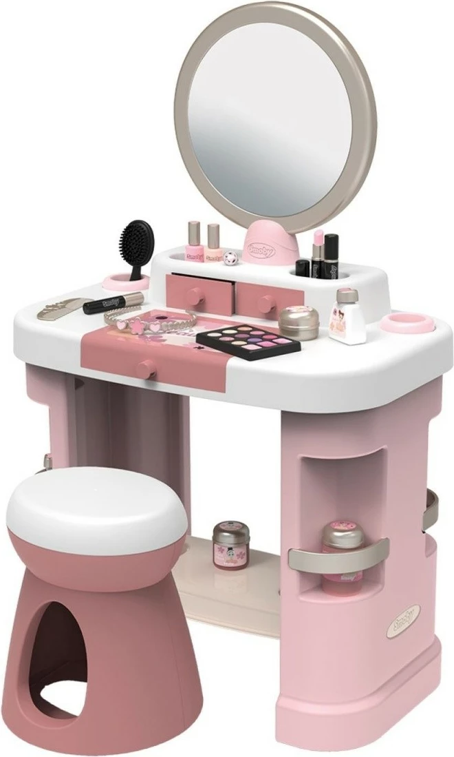 Igralna mizica za ličenje s 15 dodatki, rožnata/zlata/bela, Smoby My Beauty Dressing Table