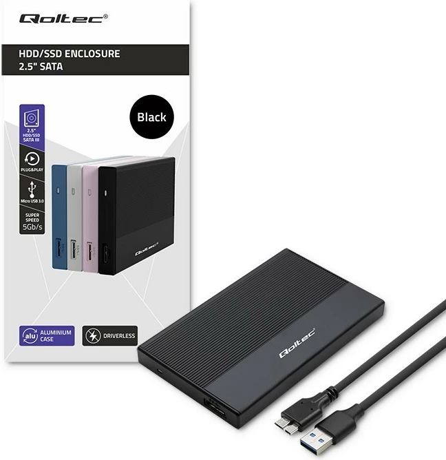 Zunanja ohišje za SSD/HDD 2,5" Qoltec, USB 3.0, 2TB, črno