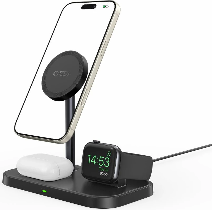 Indukcijski polnilnik 3-v-1 z MagSafe Tech-Protect QI15W-A22, za pametni telefon, Apple Watch in AirPods, črn